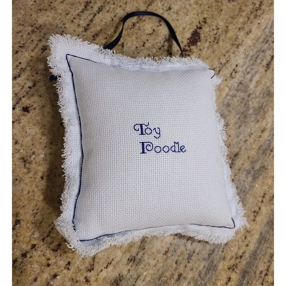Toy Poodle Needlepoint Cross Stitch Mini Pillow Door Knob Hanger Blue Fur Baby